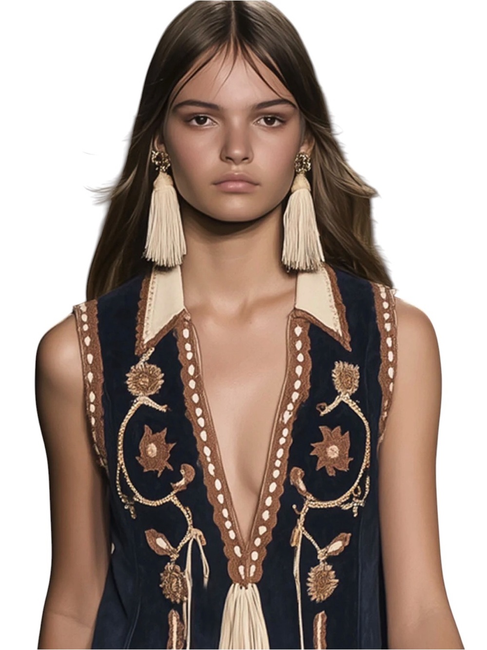 OYROSY Navy Blue Cream Faux Suede Embroidered Flower Tassel Fringe Mini Dress - Picture 2 of 4